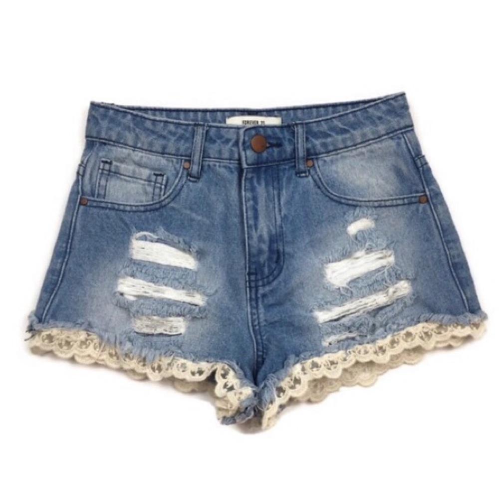 Forever 21 Denim High Waisted Lace Trim Shorts